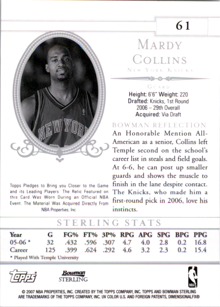 2006-07 Bowman Sterling #61 Mardy Collins JSY RC back image