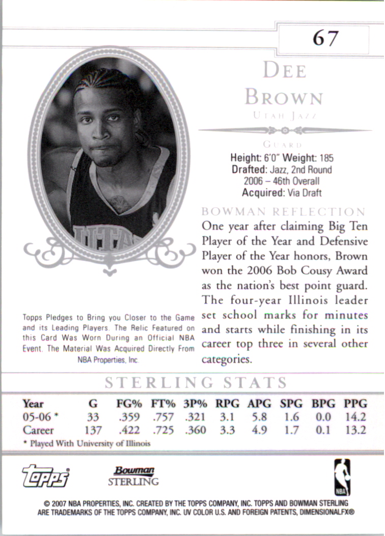 2006-07 Bowman Sterling #67 Dee Brown JSY RC back image