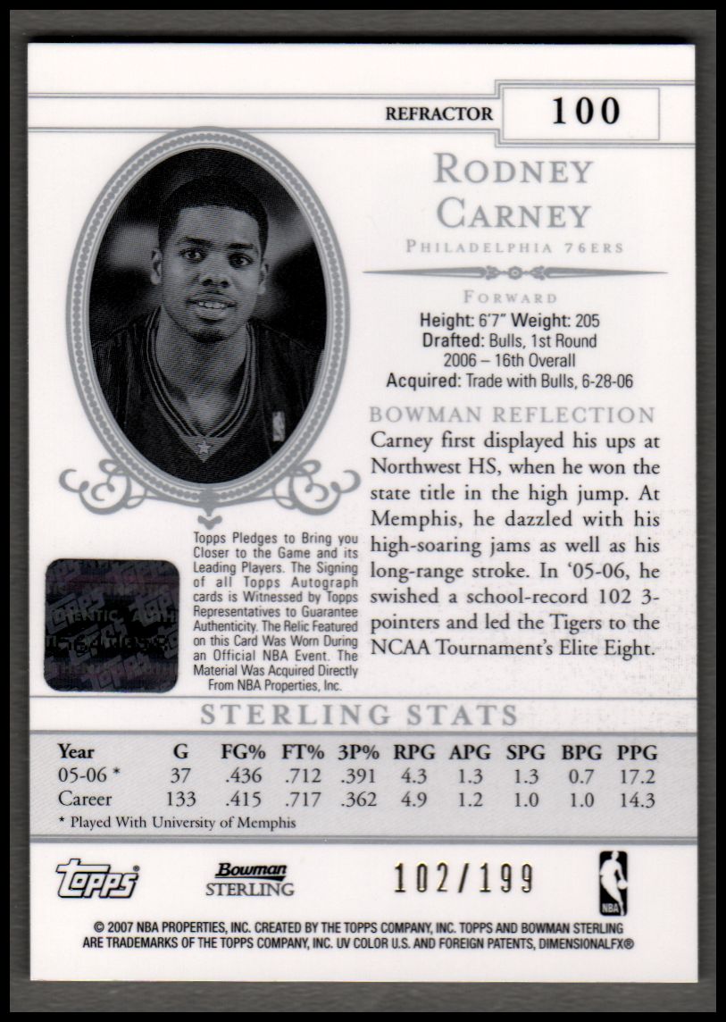2006-07 Bowman Sterling Refractors #100 Rodney Carney JSY AU back image