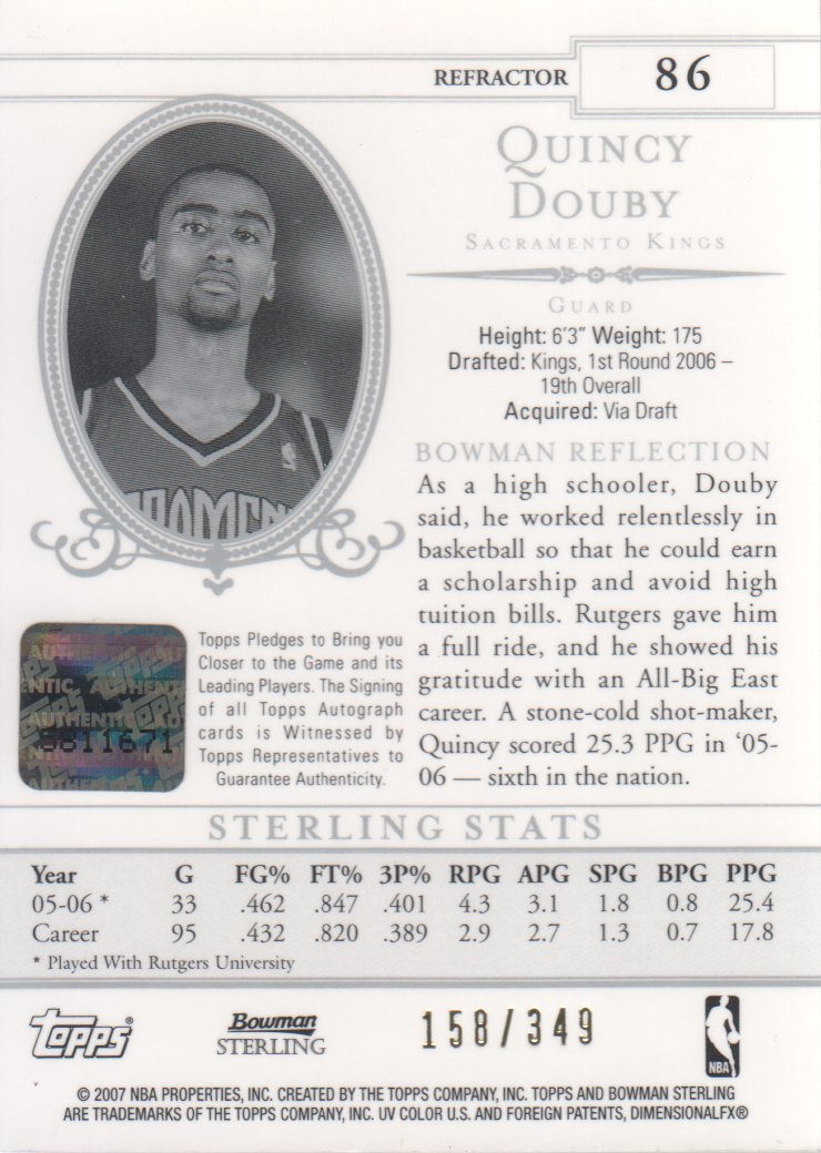2006-07 Bowman Sterling Refractors Gold #86 Quincy Douby AU/349 back image