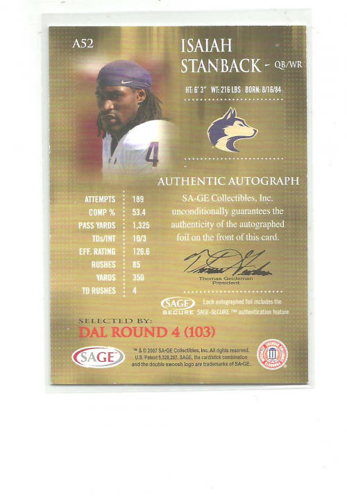 2007 SAGE Autographs Gold #A52 Isaiah Stanback back image
