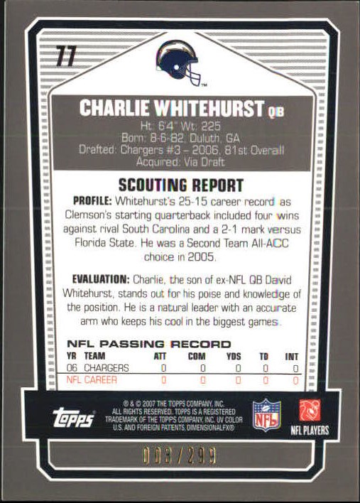 2007 Topps Draft Picks and Prospects Chrome Silver #77 Charlie Whitehurst