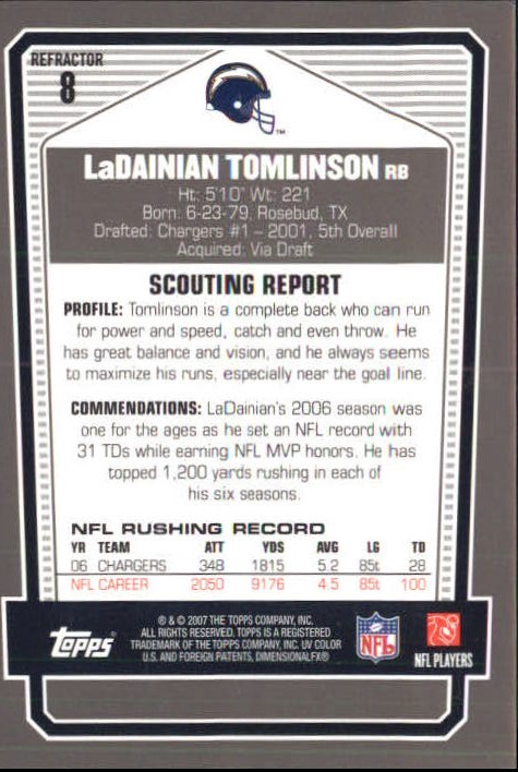 2007 Topps Draft Picks and Prospects Chrome Black Refractors #8 LaDainian Tomlinson