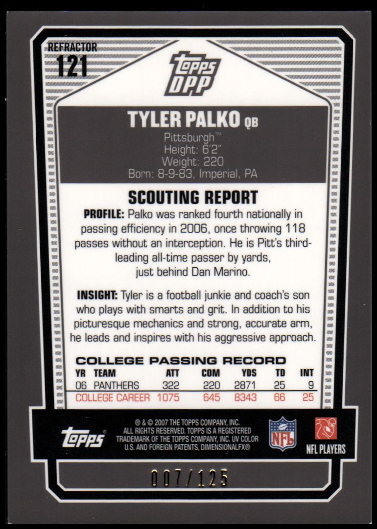 2007 Topps Draft Picks and Prospects Chrome Silver Refractors #121 Tyler Palko back image