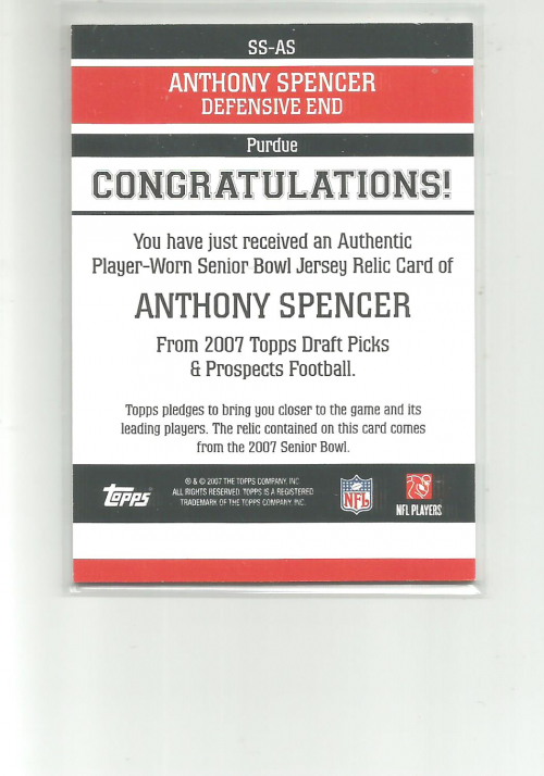 2007 Topps Draft Picks and Prospects Senior Standout Jersey #AS Anthony Spencer back image