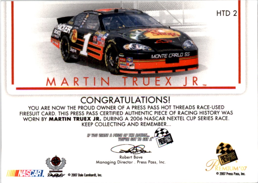 2007 Press Pass Premium Hot Threads Drivers #HTD2 Martin Truex Jr. back image
