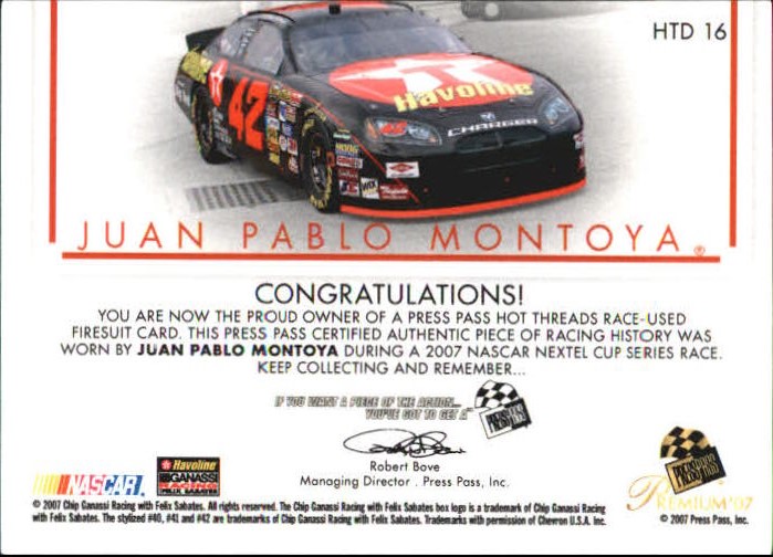 2007 Press Pass Premium Hot Threads Drivers #HTD16 Juan Pablo Montoya back image