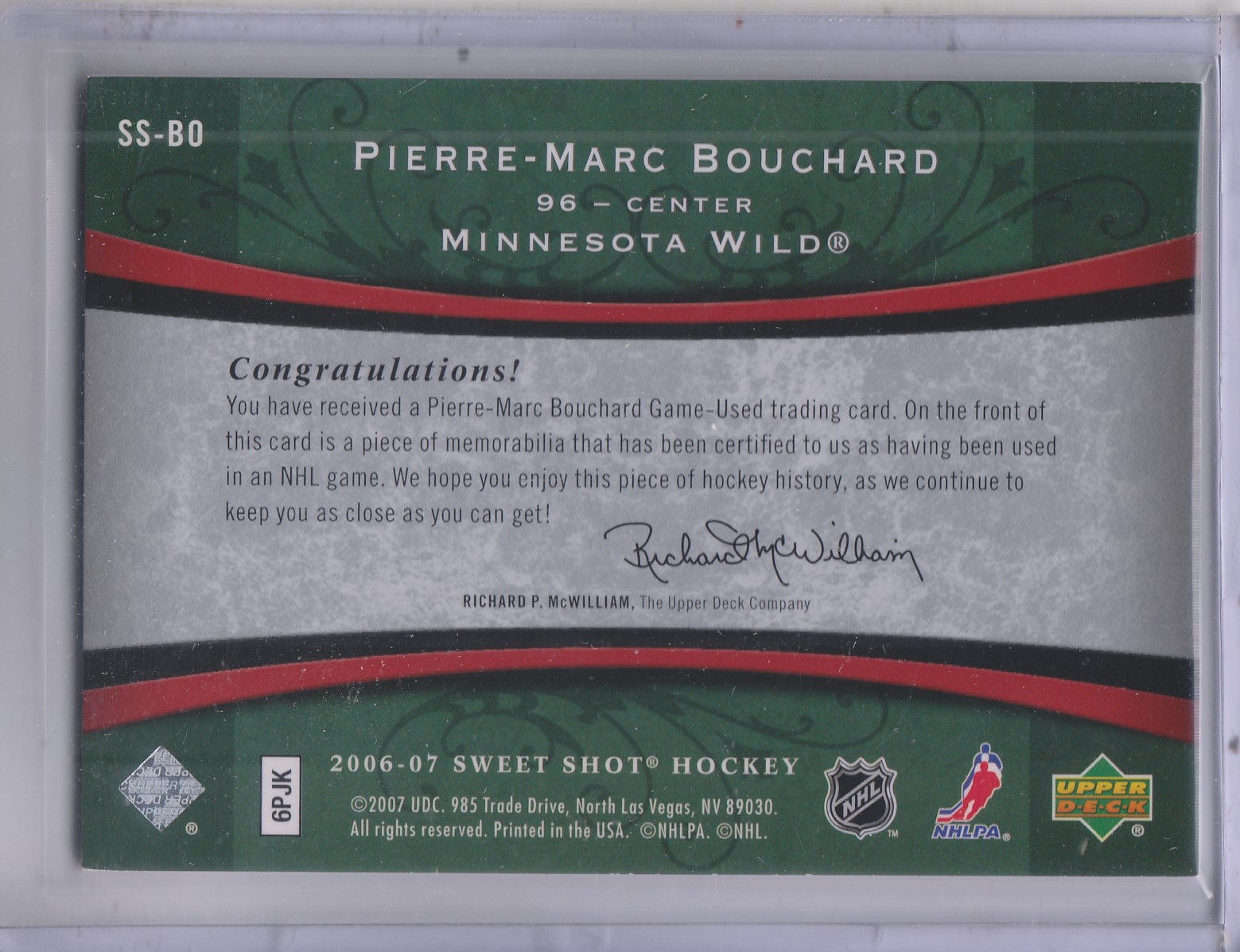 2006-07 Sweet Shot Sweet Stitches #SSBO Pierre-Marc Bouchard back image