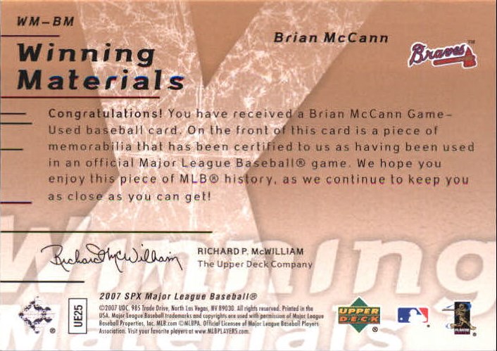 2007 SPx Winning Materials Dual Bronze #BM Brian McCann/25 back image