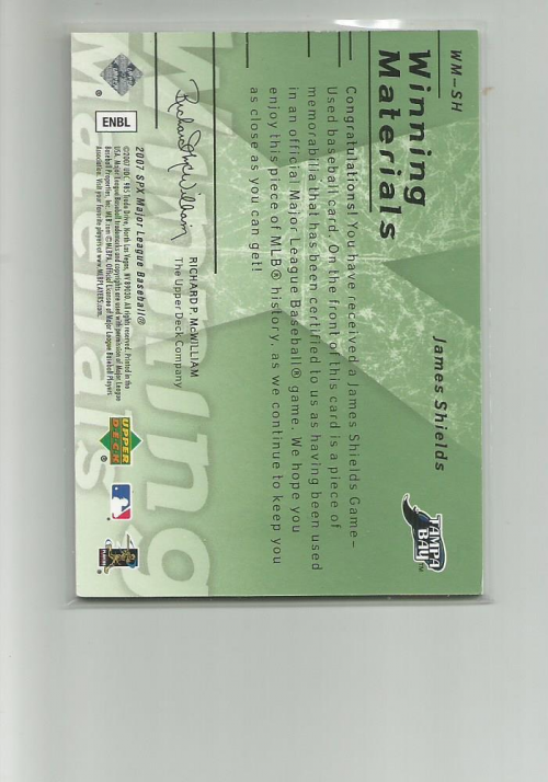 2007 SPx Winning Materials Dual Green #SH James Shields/15 back image