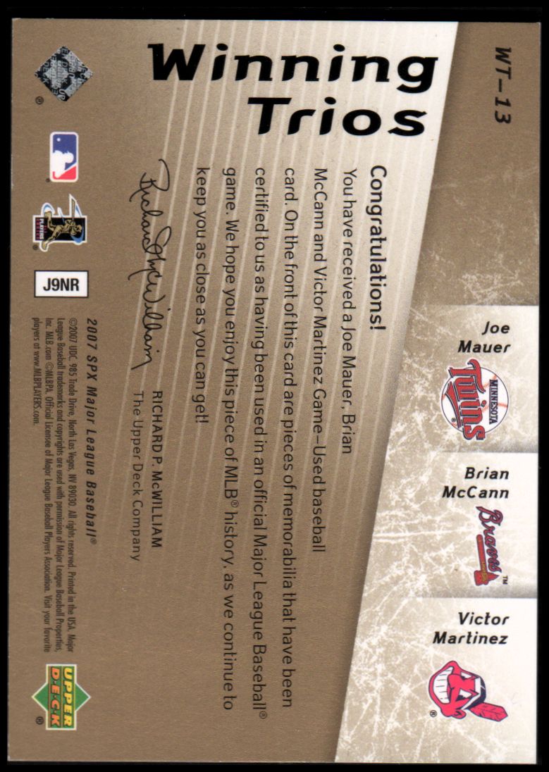 2007 SPx Winning Trios Gold #WT13 Joe Mauer/Brian McCann/Victor Martinez back image