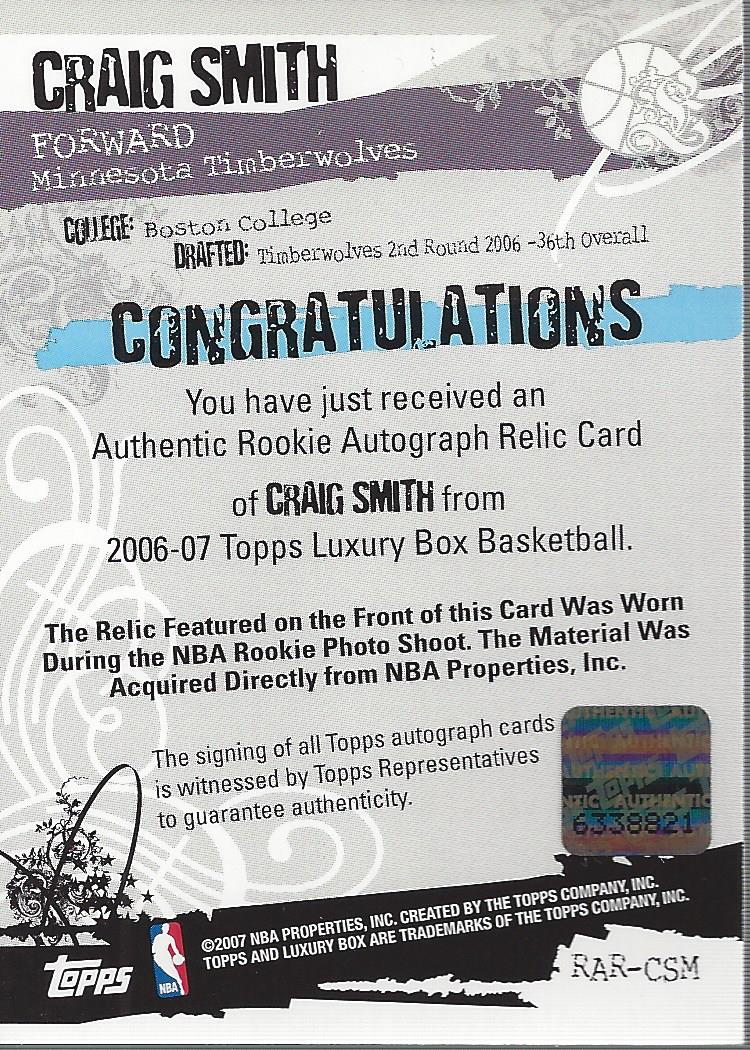 2006-07 Topps Luxury Box Rookie Relics Autographs #CSM Craig Smith back image