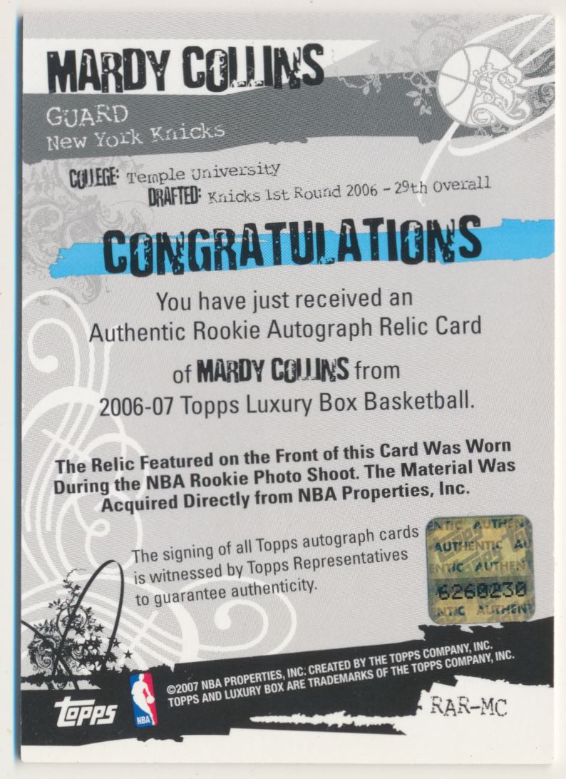 2006-07 Topps Luxury Box Rookie Relics Autographs #MC Mardy Collins back image