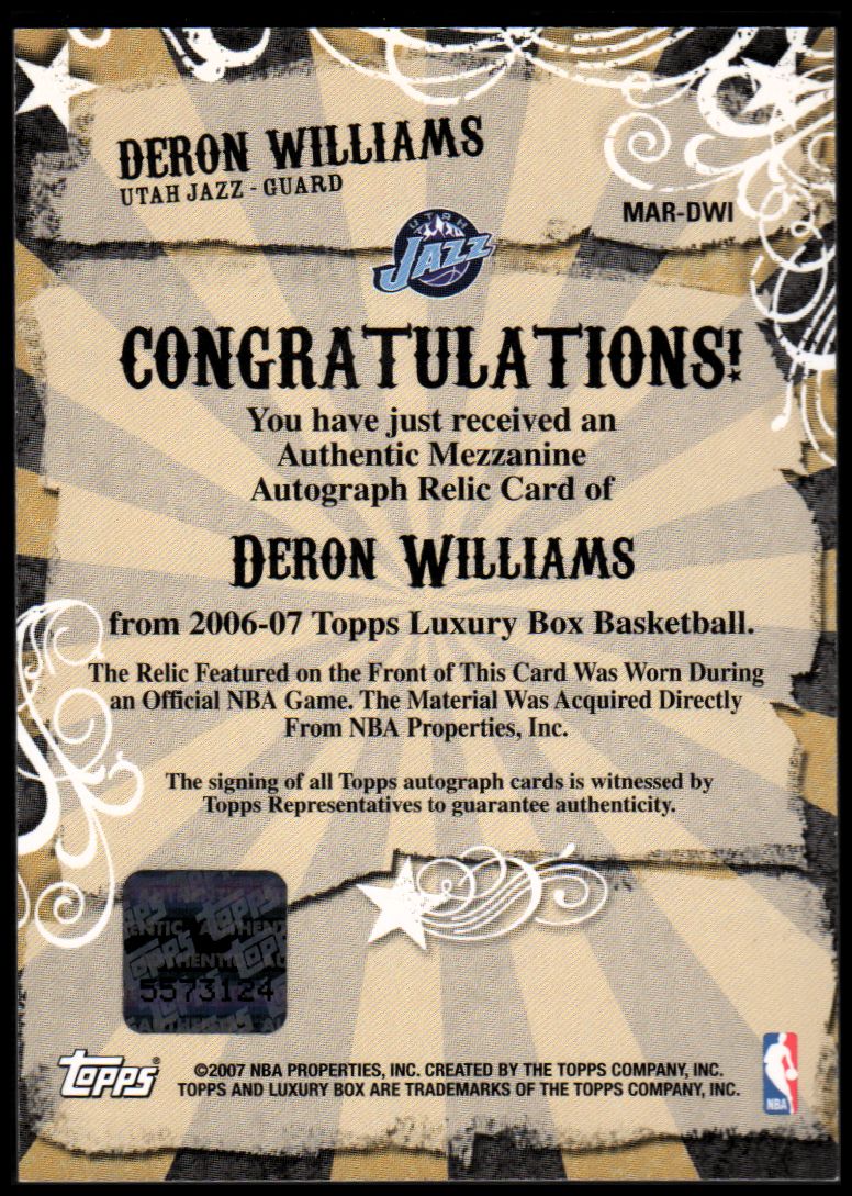 2006-07 Topps Luxury Box Mezzanine Relics Autographs #DWI Deron Williams back image