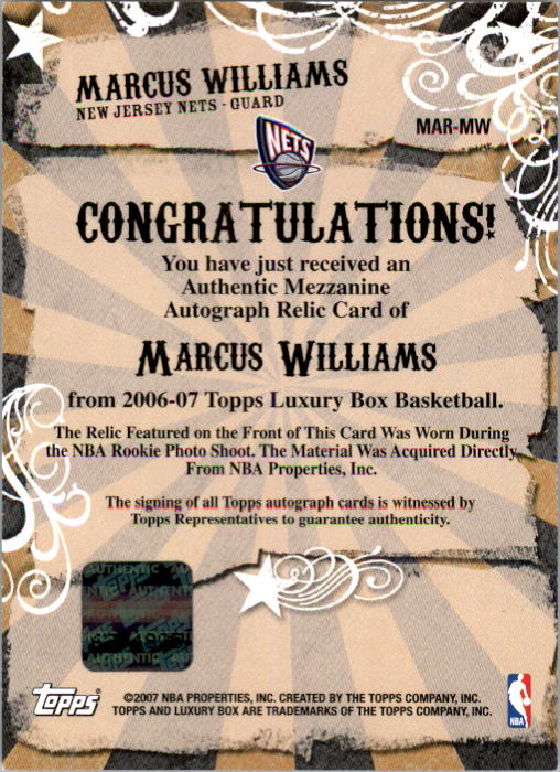 2006-07 Topps Luxury Box Mezzanine Relics Autographs #MW Marcus Williams back image