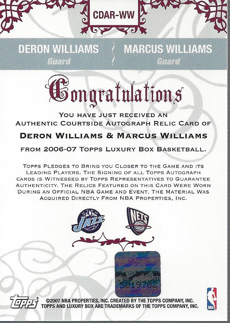 2006-07 Topps Luxury Box Courtside Relics Autographs Dual #WW Deron Williams/Marcus Williams back image