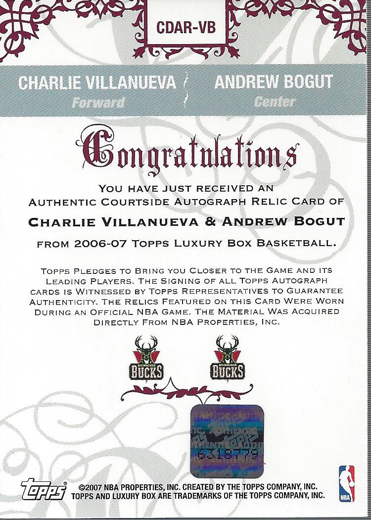 2006-07 Topps Luxury Box Courtside Relics Autographs Dual Silver #VB Charlie Villanueva/Andrew Bogut back image