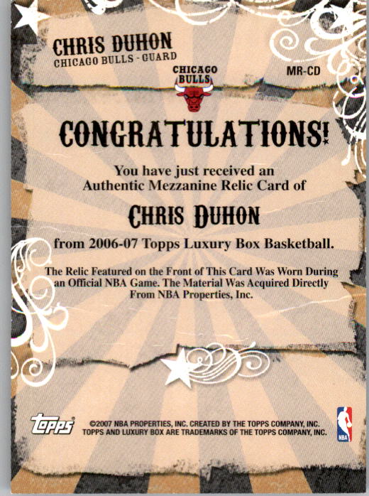 2006-07 Topps Luxury Box Mezzanine Relics #CD Chris Duhon back image