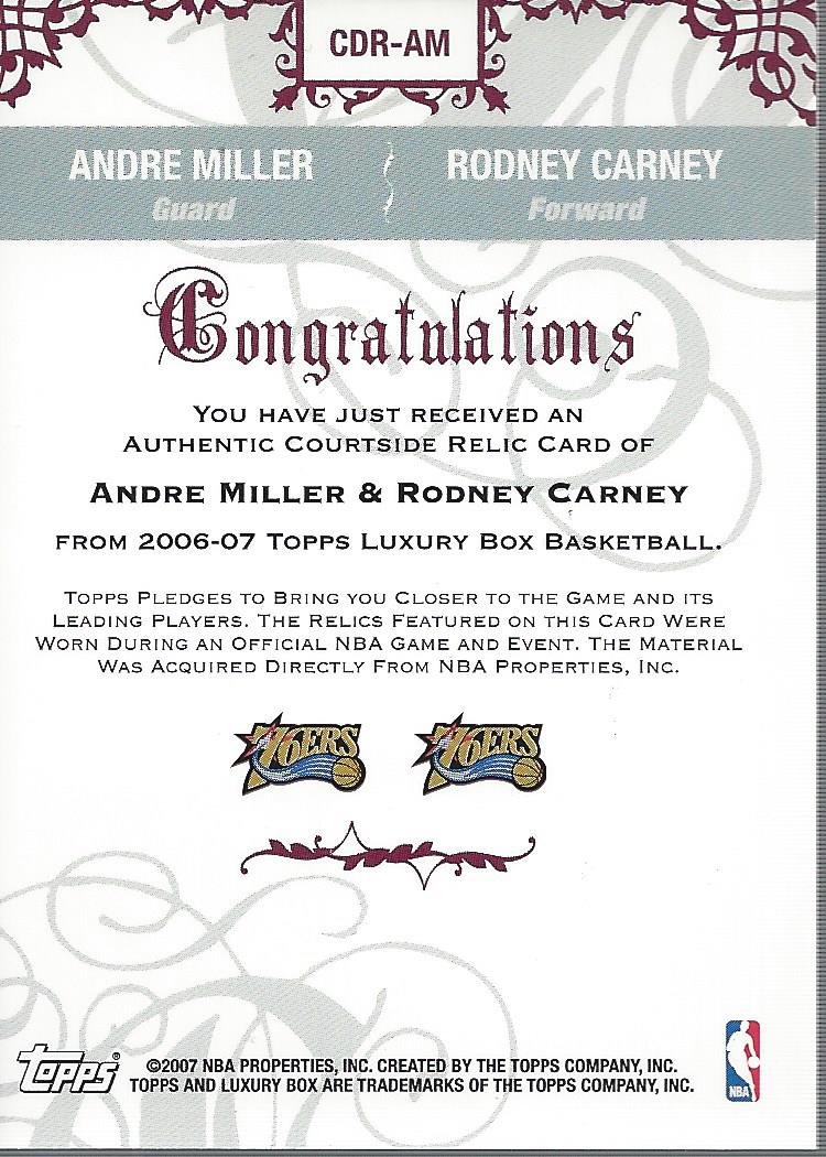 2006-07 Topps Luxury Box Courtside Relics Dual #AM Andre Miller/Rodney Carney back image