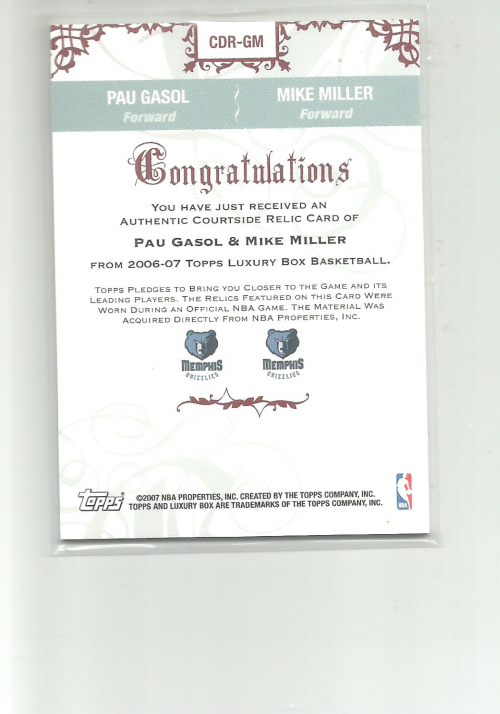 2006-07 Topps Luxury Box Courtside Relics Dual #GM Pau Gasol/Mike Miller back image