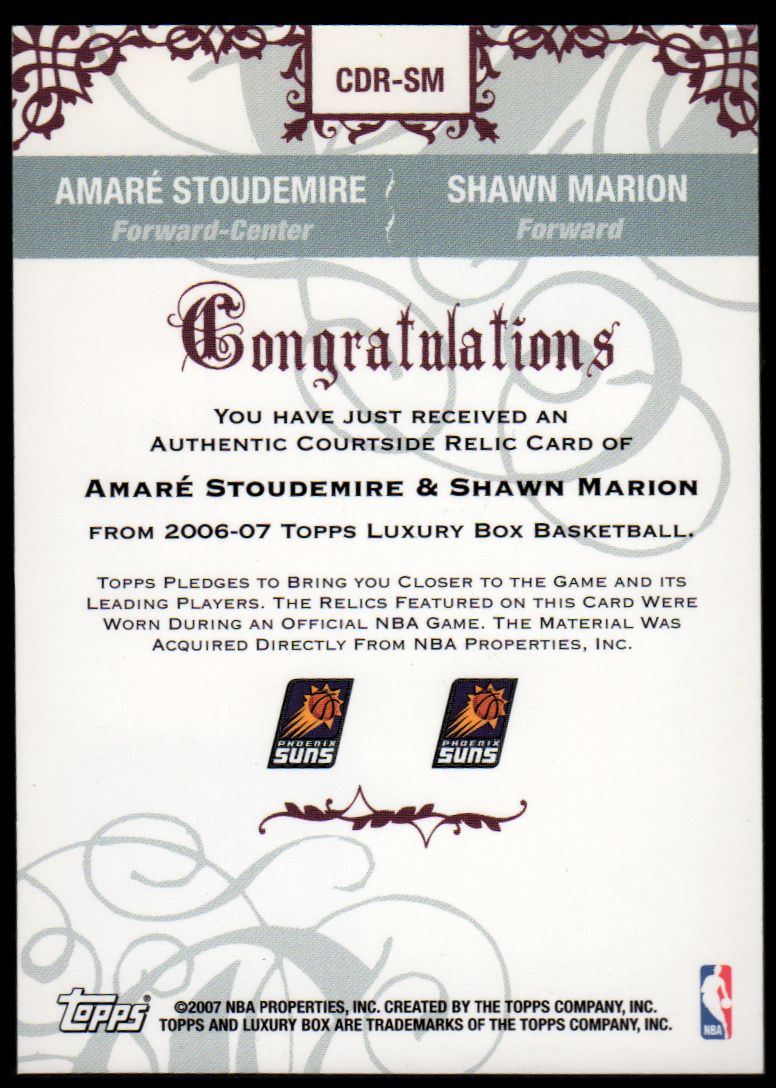 2006-07 Topps Luxury Box Courtside Relics Dual Bronze #SM Amare Stoudemire/Shawn Marion back image