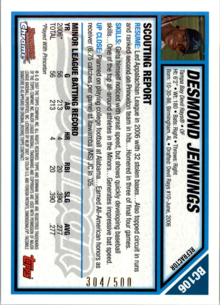 2007 Bowman Chrome Prospects Refractors #BC106 Desmond Jennings back image