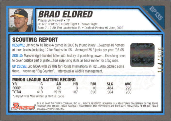 2007 Bowman Prospects Blue #BP135 Brad Eldred AU back image