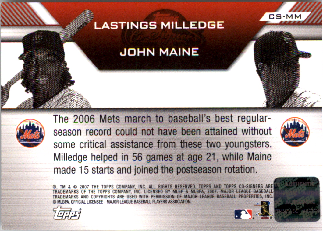 2007 Topps Co-Signers Dual Autographs #MM Lastings Milledge /John Maine B back image