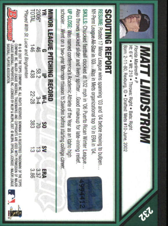2007 Bowman #232 Matt Lindstrom AU (RC) back image