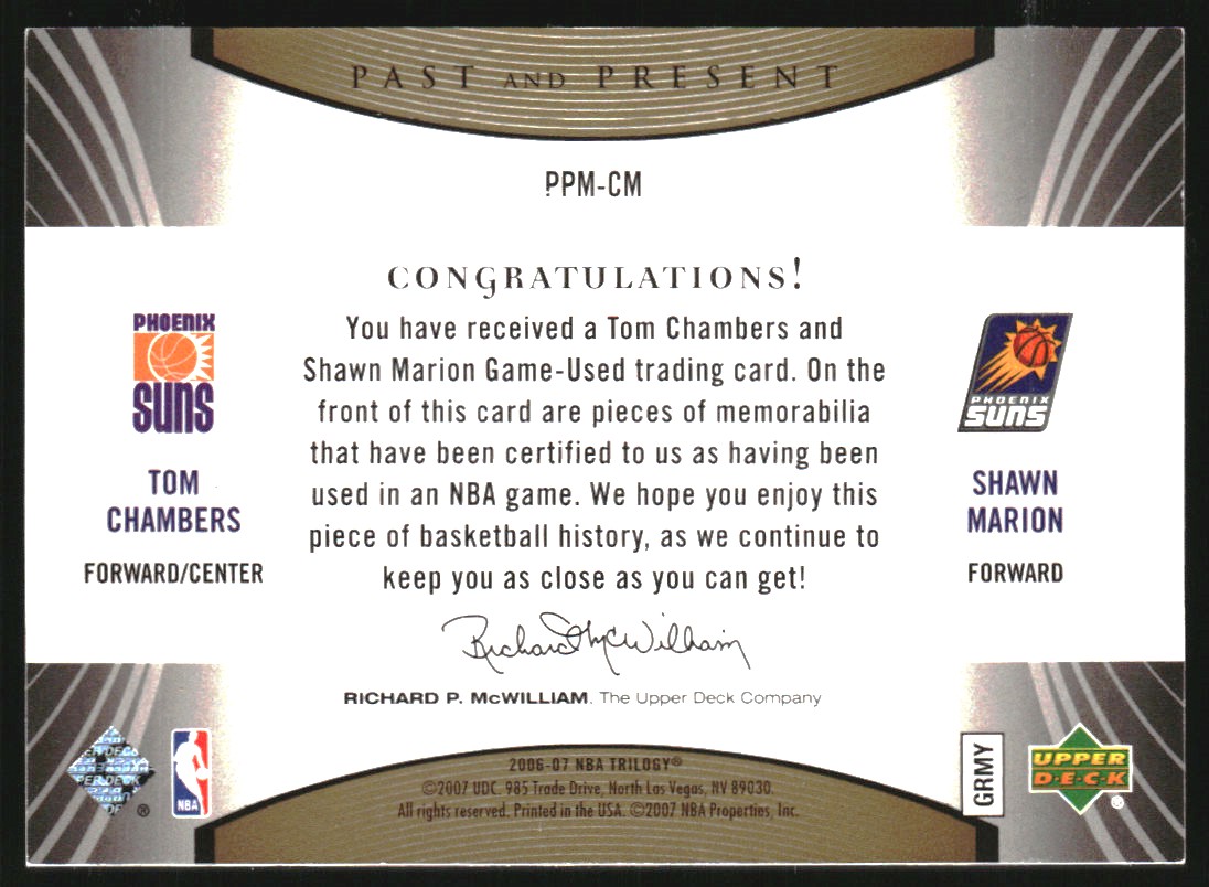 2006-07 Upper Deck Trilogy Generations Past and Present Memorabilia #PPMCM Tom Chambers/Shawn Marion back image