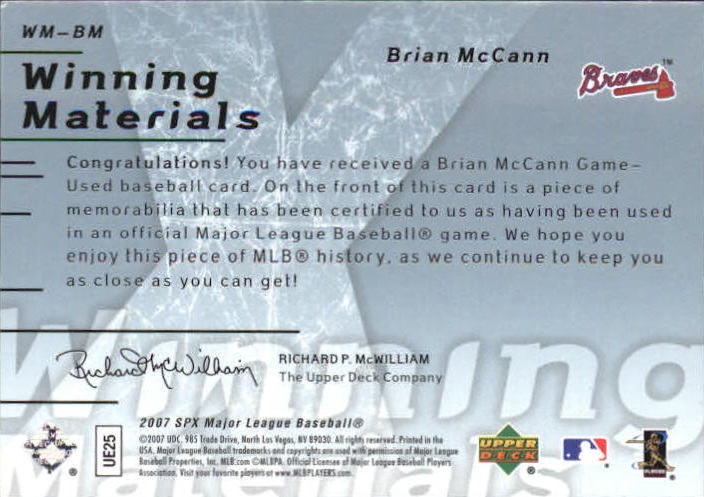 2007 SPx Winning Materials 175 Blue #BM Brian McCann/175 back image