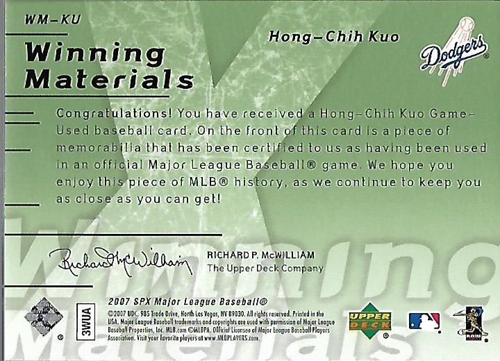 2007 SPx Winning Materials 175 Green #KU Hong-Chih Kuo/175 back image