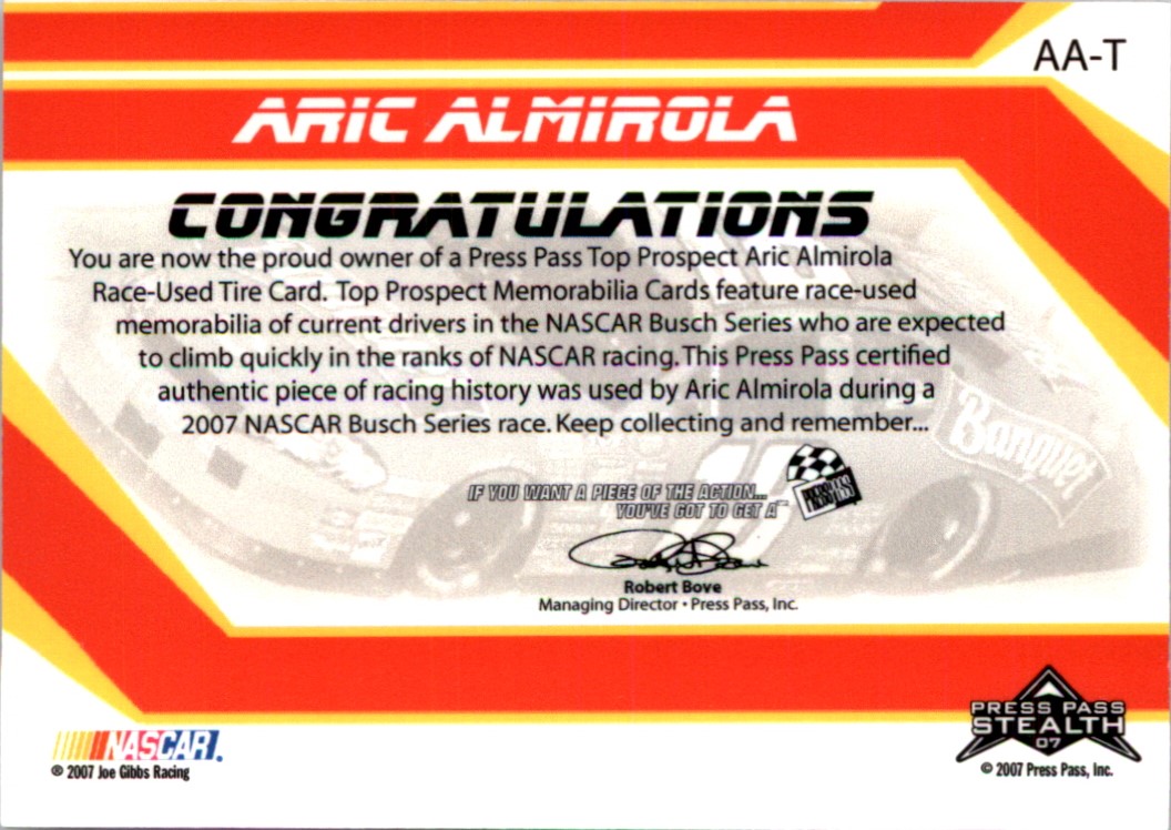 2007 Press Pass Top Prospects Tires Silver #AAT Aric Almirola back image