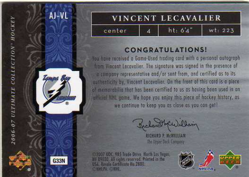 2006-07 Ultimate Collection Autographed Jerseys #AJVL Vincent Lecavalier back image