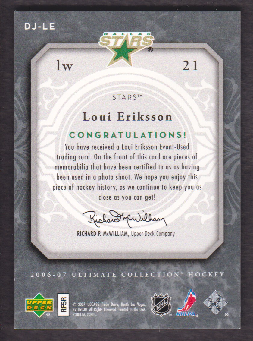 2006-07 Ultimate Collection Ultimate Debut Threads Jerseys #DJLE Loui Eriksson back image