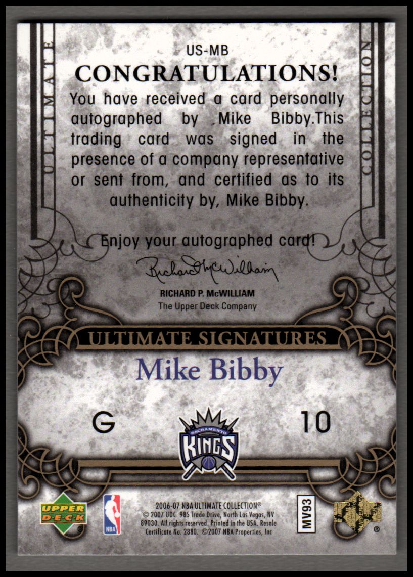 2006-07 Ultimate Collection Signatures #USMB Mike Bibby back image
