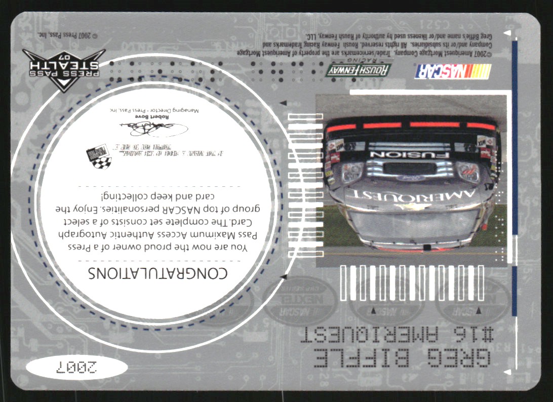 2007 Press Pass Stealth Maximum Access Autographs #MA2 Greg Biffle back image