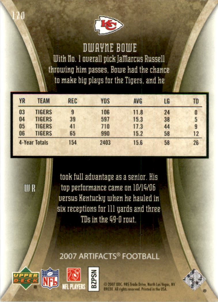 2007 Artifacts Green #170 Dwayne Bowe back image