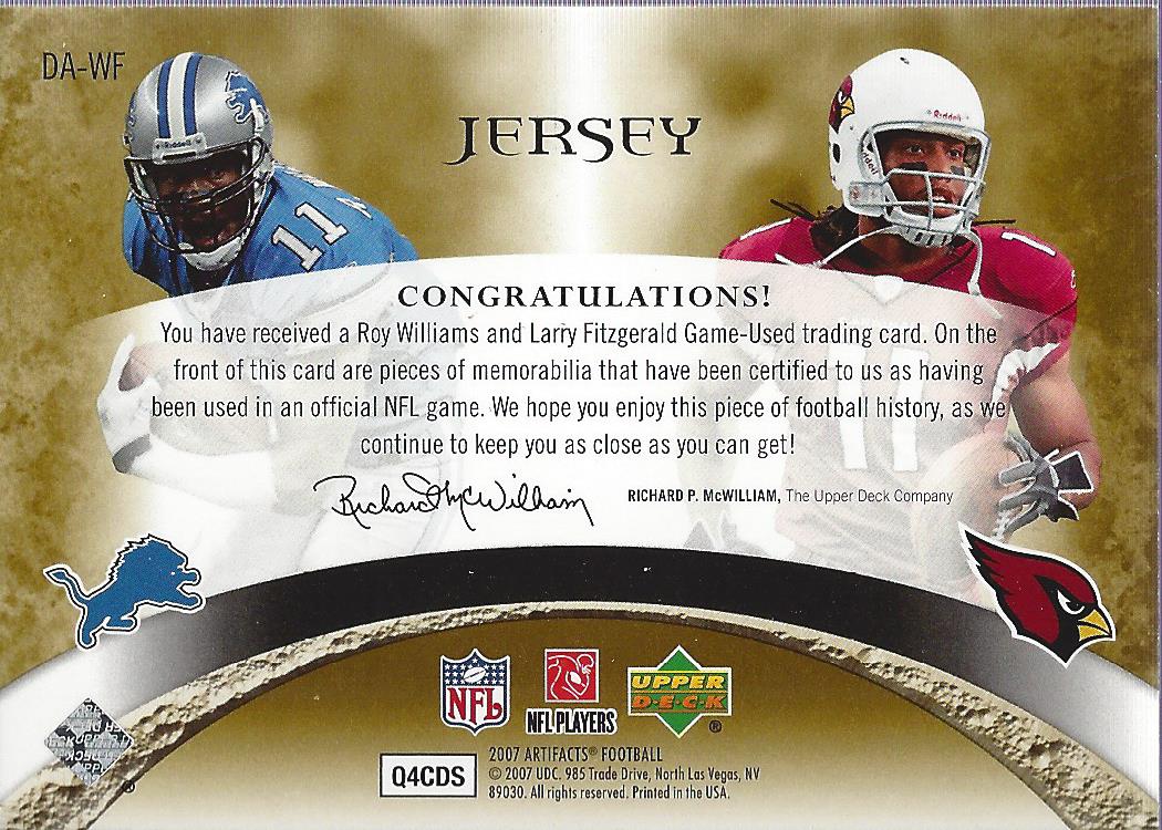 2007 Artifacts NFL Artifacts Dual #WF Roy Williams WR/Larry Fitzgerald back image