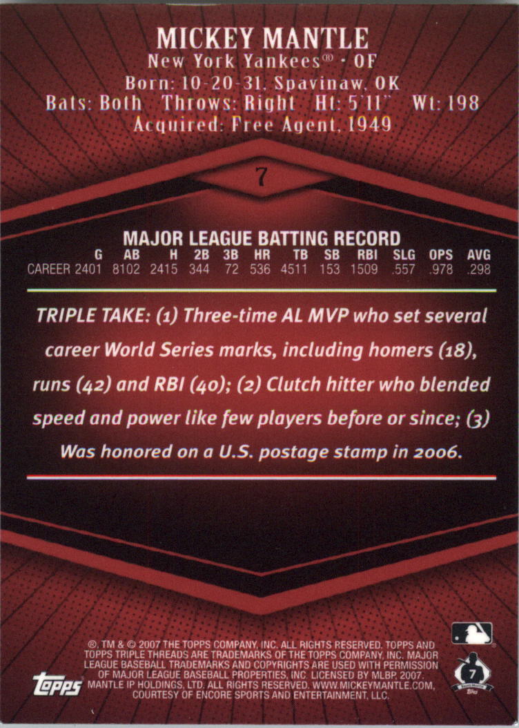 2007 Topps Triple Threads #7 Mickey Mantle back image