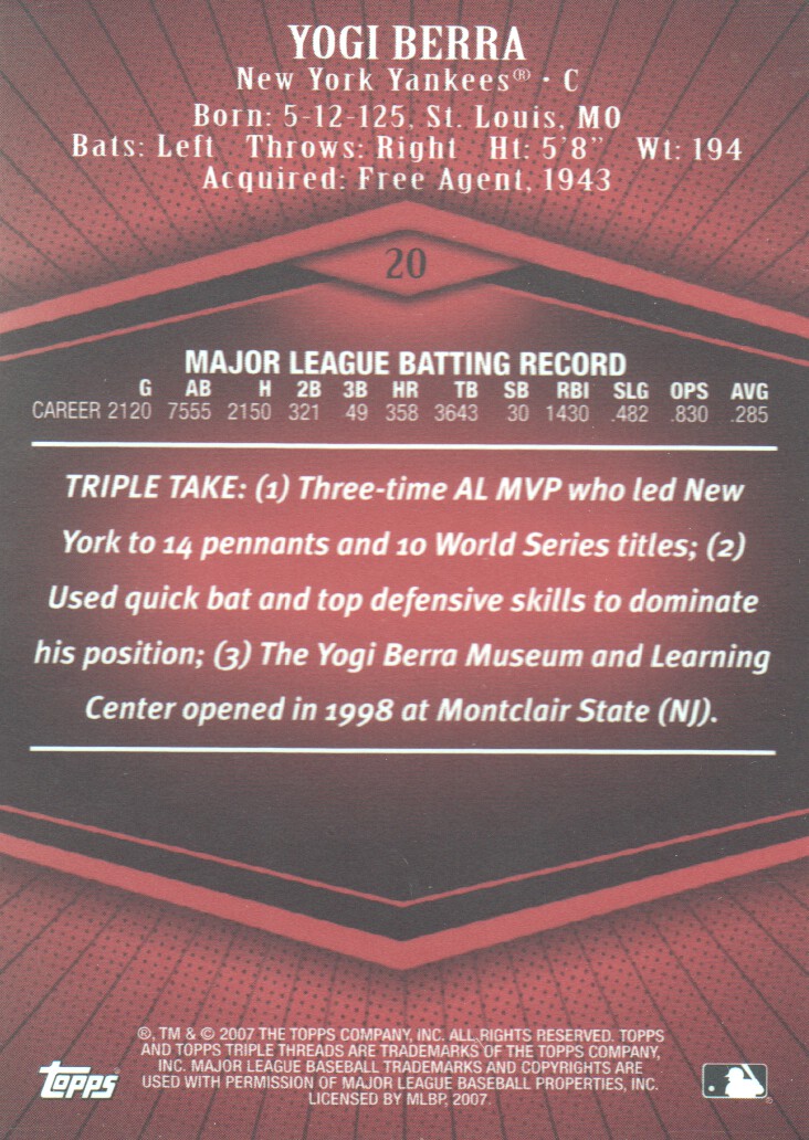 2007 Topps Triple Threads #20 Yogi Berra back image