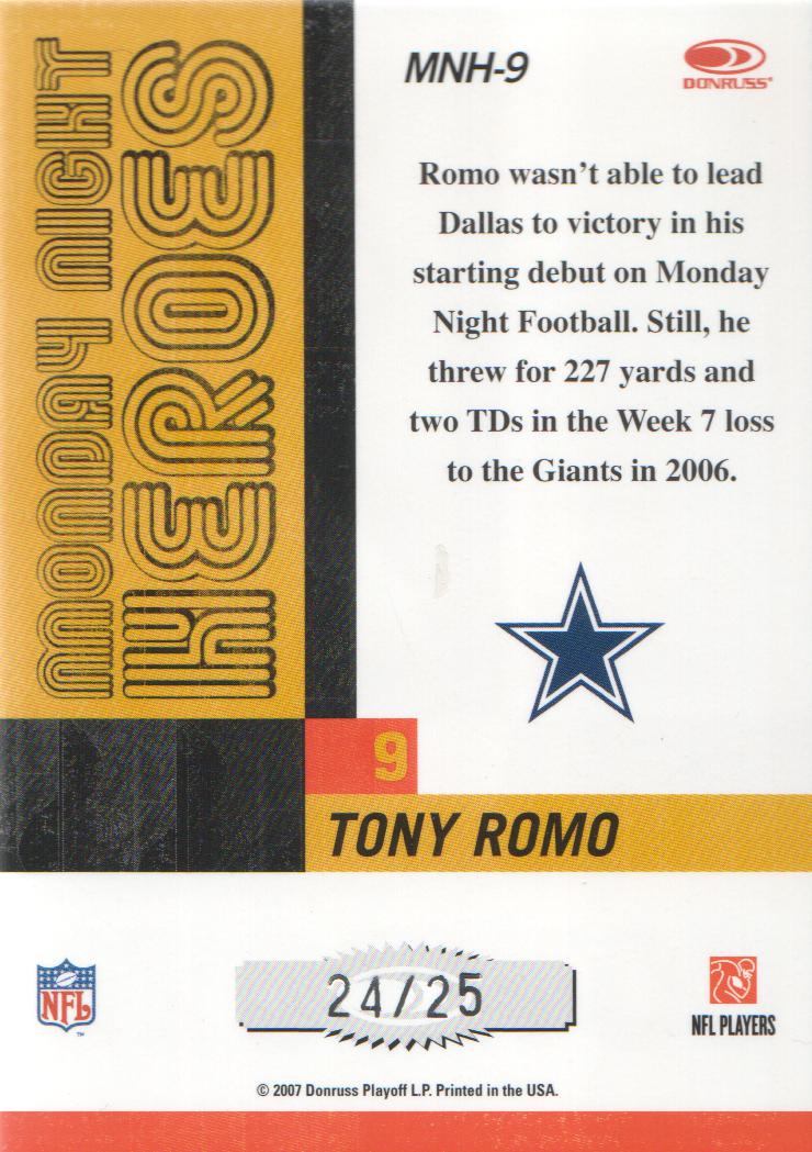 2007 Donruss Classics Monday Night Heroes Platinum #9 Tony Romo back image