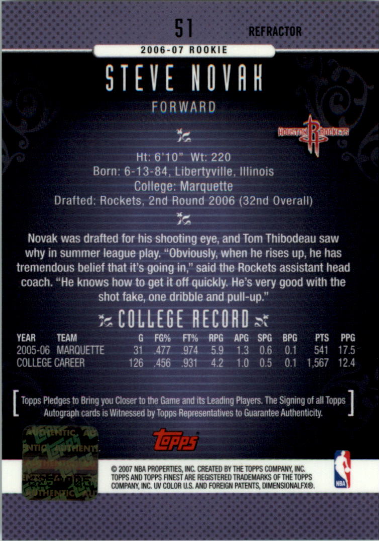2006-07 Finest Rookie Autographs Refractors #51 Steve Novak D back image