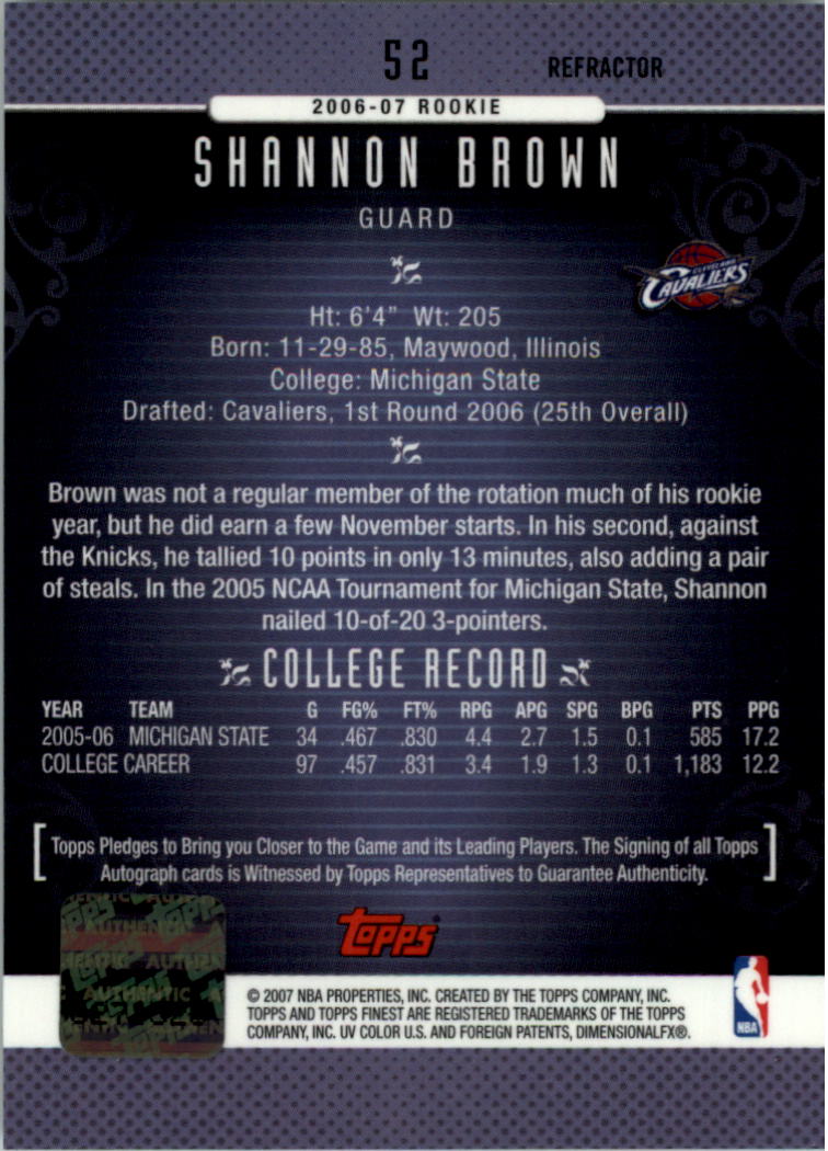 2006-07 Finest Rookie Autographs Refractors #52 Shannon Brown C back image