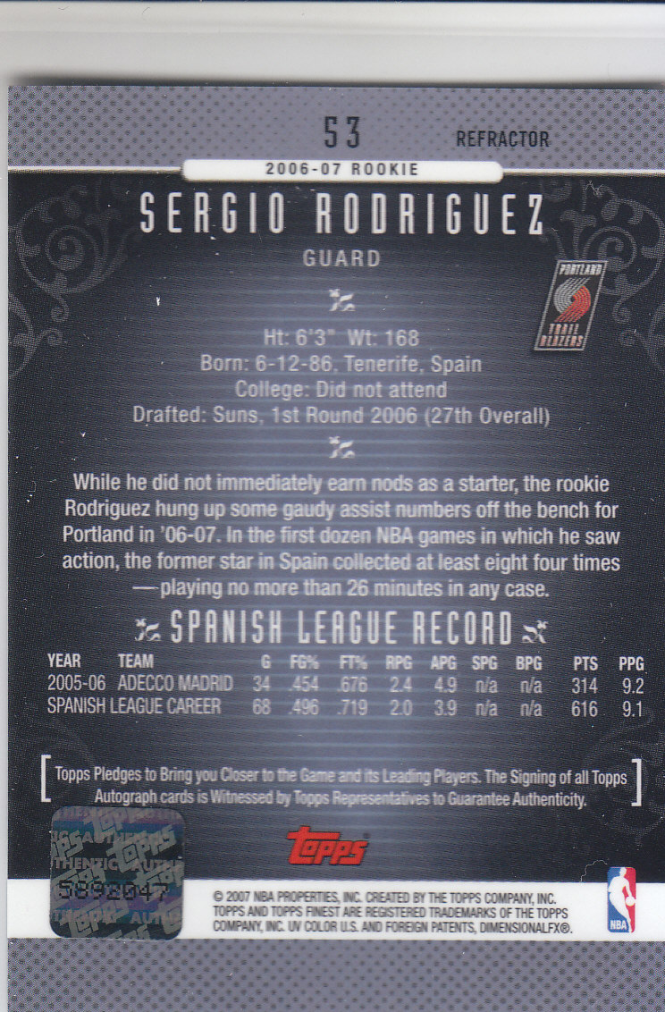 2006-07 Finest Rookie Autographs Refractors #53 Sergio Rodriguez H back image