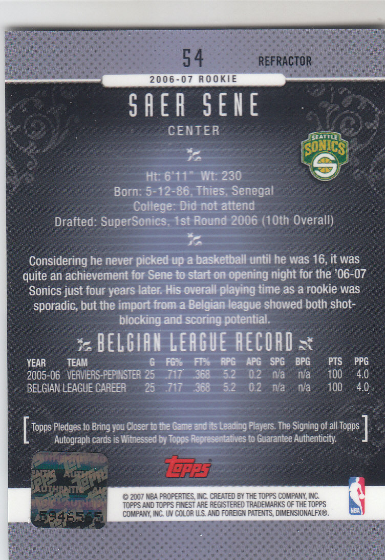 2006-07 Finest Rookie Autographs Refractors #54 Saer Sene H back image