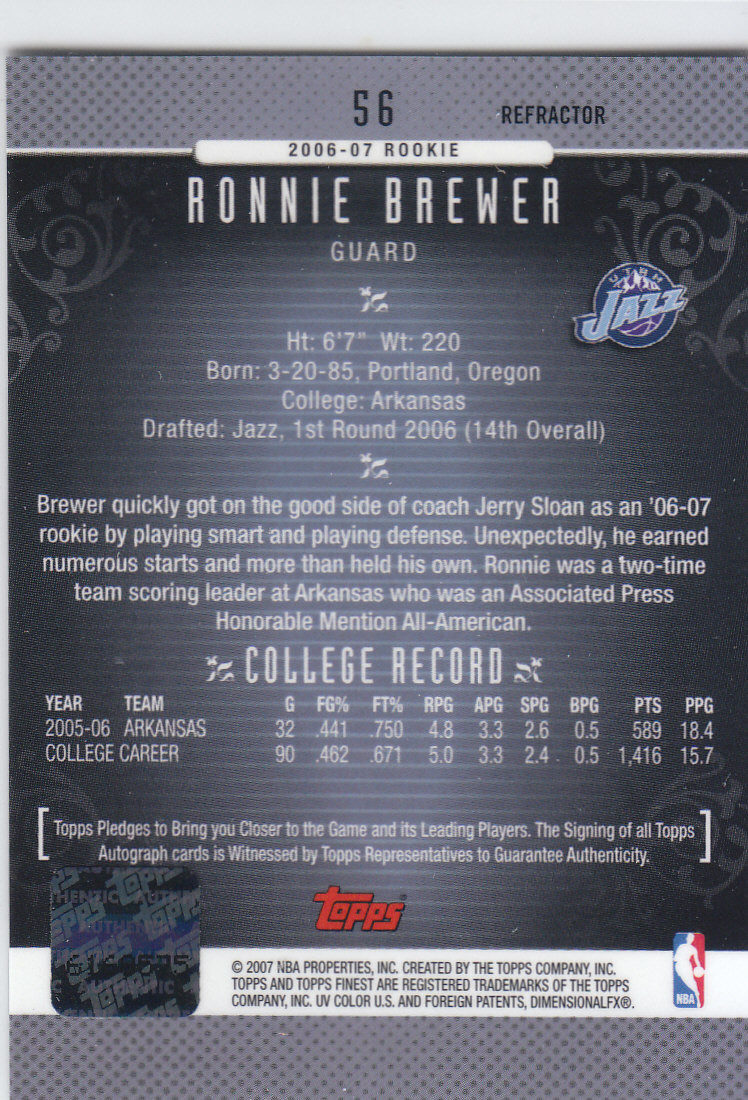 2006-07 Finest Rookie Autographs Refractors #56 Ronnie Brewer D back image