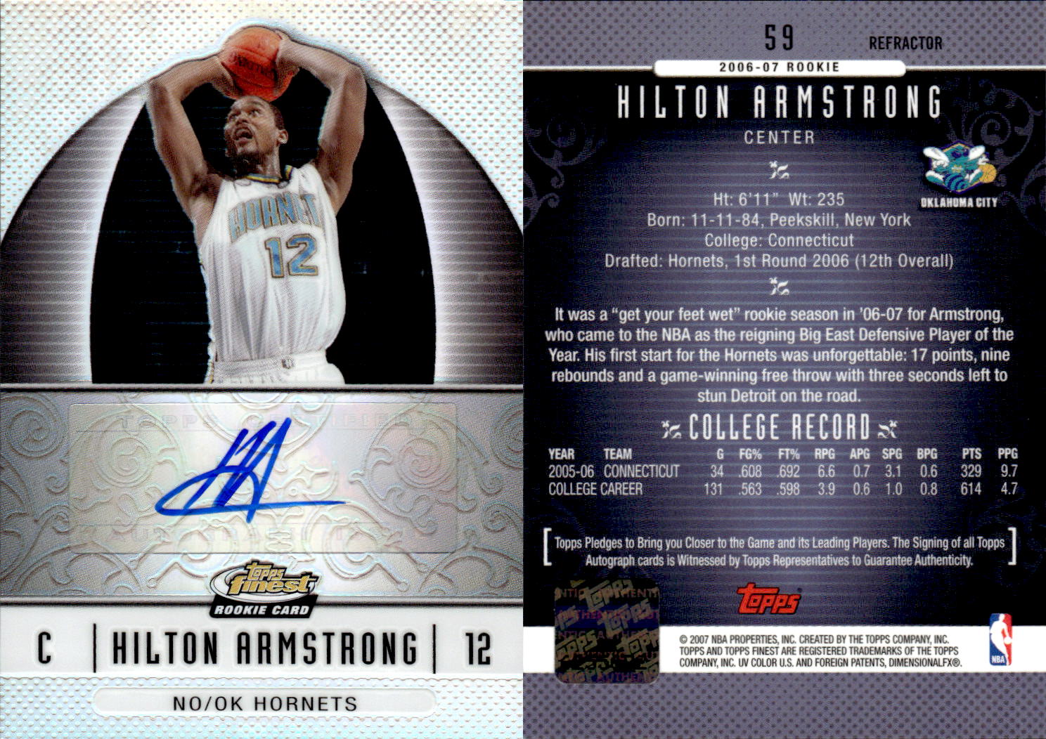 2006-07 Finest Rookie Autographs Refractors #59 Hilton Armstrong D