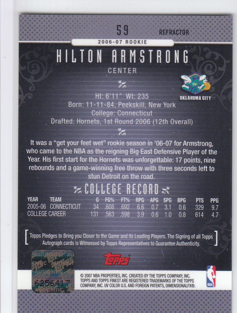 2006-07 Finest Rookie Autographs Refractors #59 Hilton Armstrong D back image