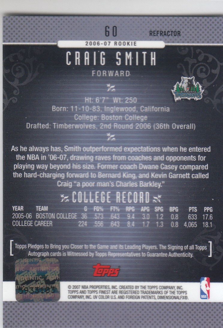 2006-07 Finest Rookie Autographs Refractors #60 Craig Smith F back image